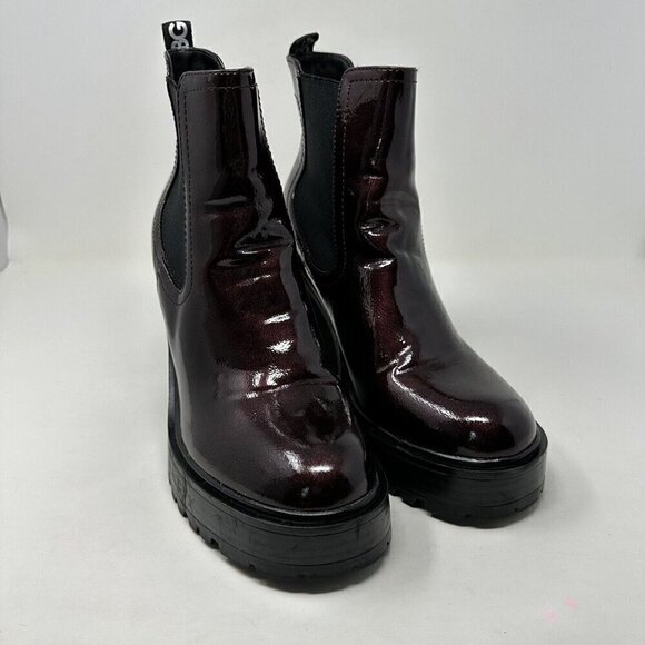 Guess Platform Ankle Boots Dark Red Patent Faux Leather 10M Chunky - Picture 2 of 13
